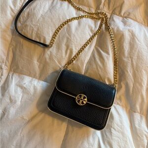 Tory Burch Black and White Crossbody Bag with Gold Chain